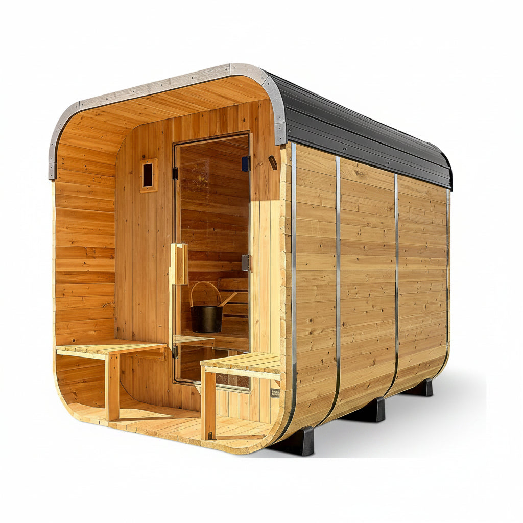 Backyard Discovery Lennon 4-6 Person Traditional Cedar Outdoor Cube Sauna with Porch, Electric Sauna Heater, Sauna Rocks, Dry Heat, Steam Sauna, LED Lights, Wi-Fi Control, Sauna Accessories
