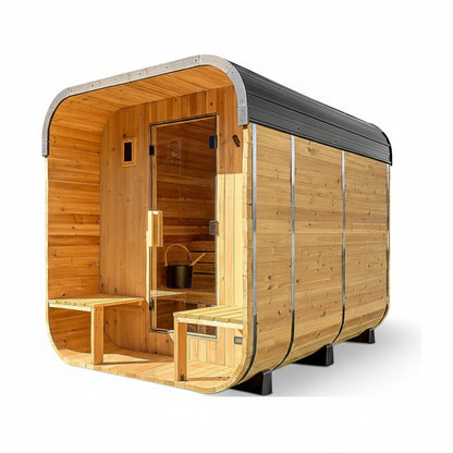 Backyard Discovery Lennon 4-6 Person Traditional Cedar Outdoor Cube Sauna with Porch, Electric Sauna Heater, Sauna Rocks, Dry Heat, Steam Sauna, LED Lights, Wi-Fi Control, Sauna Accessories