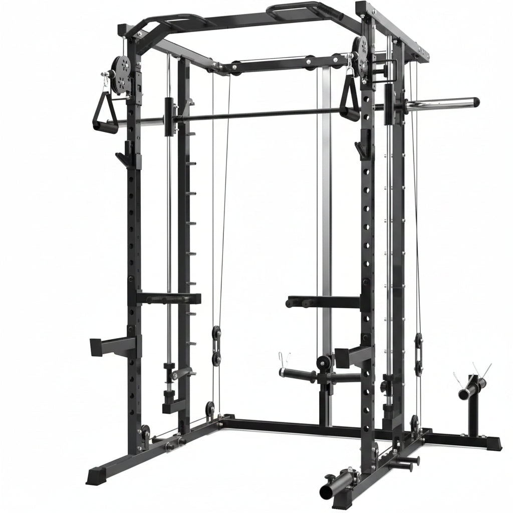 Power Cage, Smith Machine Squat Rack, Heavy Duty Power Rack for Home Gym with Pulley System, Dip Bar, LAT Pulldown, Multifunctional Squat Rack for Home Gym