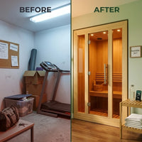 2-3 Person Traditional Steam Sauna, Flat Frame Home Sauna with 3000W, LED Lights, Speaker, Adjustable Temp, 10-Yr Warranty — Before & After